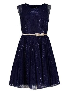 MonnaLisa Navy Blue Sequin Party Dress with Cream velvet Bow Belt